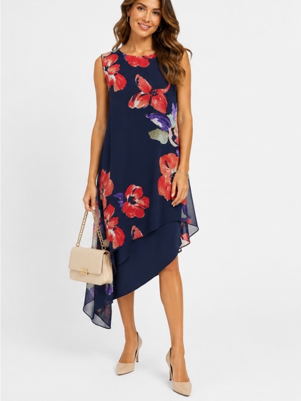 SLNY Navy Floral Chiffon Overlay Asymmetrical Midi Dress Size 12